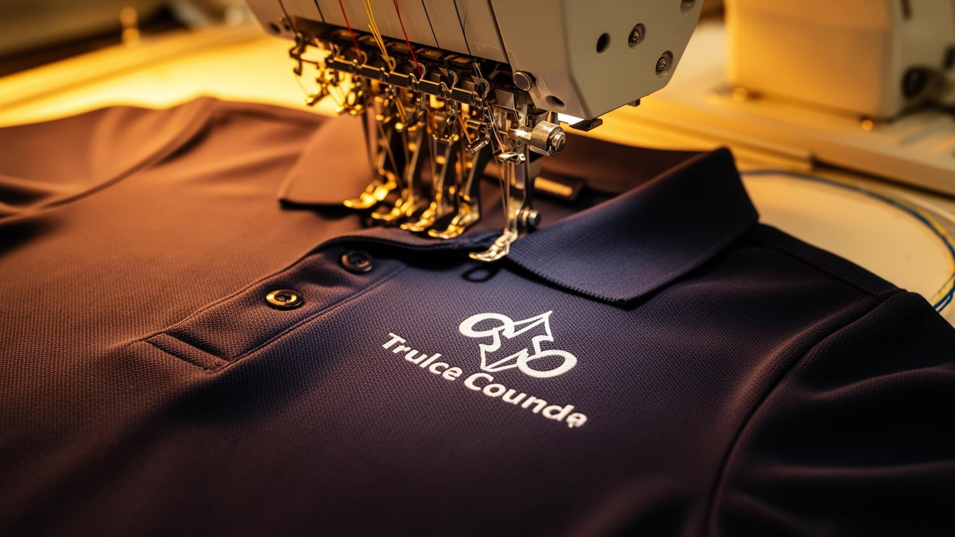 Professional embroidery machine stitching a logo on a polo shirt